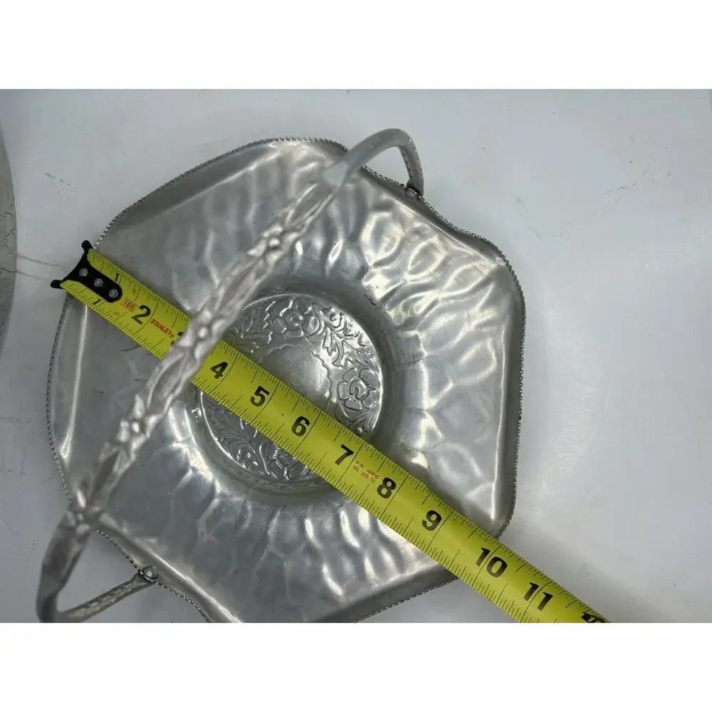 Lot Of 3 Vintage Embossed Aluminum Serving Pieces Tray Bowl Basket Mid Century